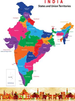 India New Map no. 2 Wall Poster Print on Art Paper 13x19 Inches Paper Print