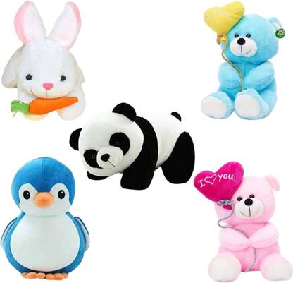 Toyhaven Exclusive and Unique combo of 5 adorable and lovely soft toys for kids and special occasions/ PENGUIN, PANDA, RABBIT and 2 TEDDY with 'I LOVE YOU' BALLOON / special stuffed toys for gifting and decoration  - 25 cm
