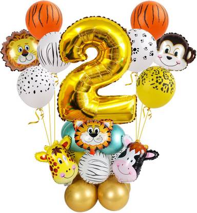 Bash N Splash Printed Animal kingdom Jungle Safari Theme Cute Zebra lion tiger monkey giraffe Party Decoration DIY Balloon Bouquet Kit with balloons & Glue dot & Big Size Number Balloon 2nd Birthday (pack of 29) Balloon