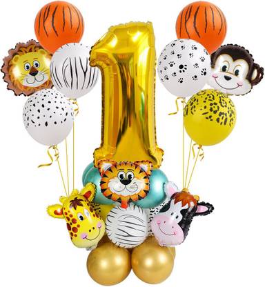 Bash N Splash Printed Animal kingdom Jungle Safari Theme Cute Zebra lion tiger monkey giraffe Party Decoration DIY Balloon Bouquet Kit with balloons & Glue dot & Big Size Number Balloon 1st Birthday (pack of 29) Balloon
