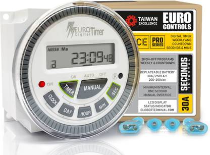Euro Controls PRO TM619SH-2 30 Amps High Quality Digital Programmable Timer 4 pin - 28 Programs - New 1 second interval - replaceable battery Programmable Electronic Timer Switch