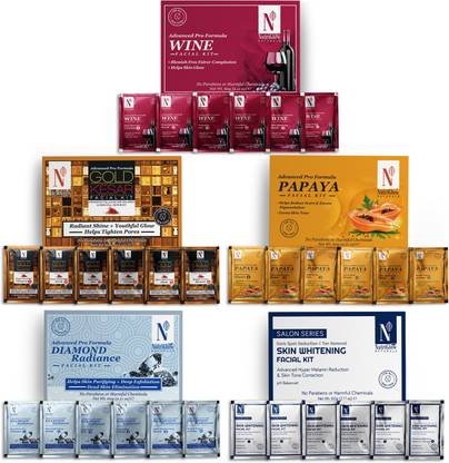 NutriGlow NATURAL'S Advanced Pro Formula Combo Pack of 5 Diamond Radiance,Skin Whitening,Gold Kesar,Papaya,Wine Facial Kit 60gm Each for Skin Cell Repair Reduce Pigmentation & Spotless Face