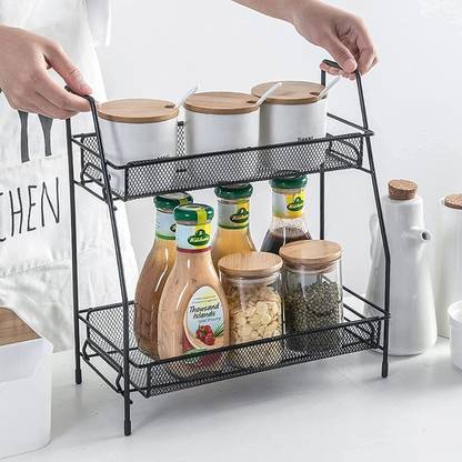 Harvic Utensil Kitchen Rack Carbon Steel Kitchen 2 Tier Metal Space Saving Folding Standing Storage Rack for Spice Jar Herbs Oil Can Bottle Bathroom Cosmetic Organizer for Cabinet Countertop Storage Shelf