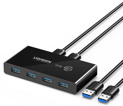 Ugreen USB 3.0 Sharing Switch, 2 Computers 4-Port USB Peripheral Switcher Adapter Box Selector for PC, Printer, Scanner, Mouse, Keyboard with One-Button Swapping and 2 Pack USB A to A Cable Media Streaming Device