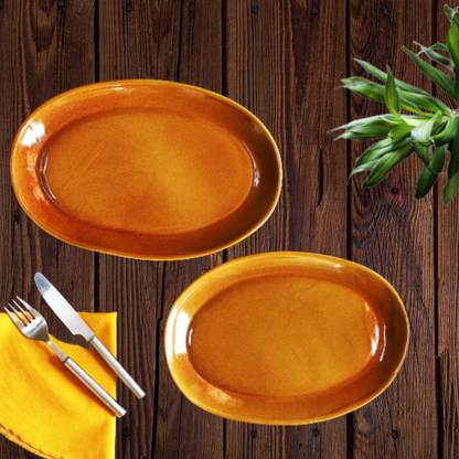 Jimkia Ceramic Biryani Serving Plate | Antique Shape Dinner Plate | Glossy Mustard, Set Of 2 Full Plate | Dinnerware & Serveware Plate Set | Microwave Safe & Dishwasher Safe Dinner Plate