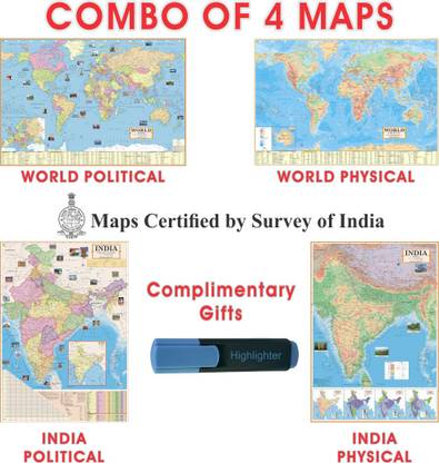 (COMBO OF 4 MAPS AND HIGHLIGHTER) India & World English Map (Both Political & Physical), Set Of 4, All Map Size (70 * 100 Cm) (40inch * 28inch) Complimentary Highlighter, Paper Print, Best Useful for UPSC, SSC, IES and other competitive Exams. Paper Print (28 inch X 40 inch). Paper Print