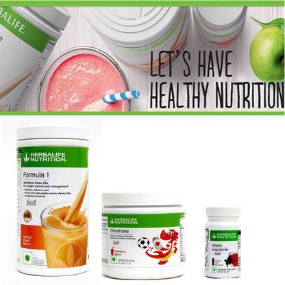 HERBALIFE Formula 1 Nutritional Shake Mix Orange And Dinoshake Strawberry & Afresh Tulsi Plant-Based Protein