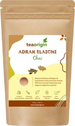 Tea Origin Adrak Elaichi Chai | 100% Natural Ingredients- Premium Assam CTC Tea, Ginger, Cardamom | Supports Healthy Digestion, Promotes Immunity, Relieves Stress | 250gm, Serves 100+ Cups Cardamom, Ginger Tea Blend Pouch