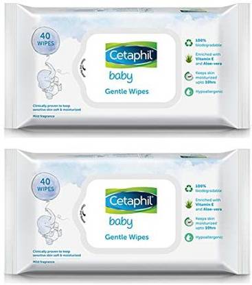 Cetaphil Baby Gentle Wipes 40's with Aloevera & Vitamin E, 10 hrs Moisturisation - 100% Biodegradable - (Pack of 2)