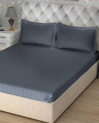 KME PRODUCT Cotton Double Fitted (Elastic) 210 TC Striped Bedsheet