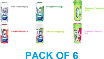 Doublemint Flavoured And Orbit Premium Chewing Gum Pack of 6 | Premium Flavoured Chocolate Strawberry, Peppermint, Spearmint, Raw mango, Mixed Fruit, Sweetmint Chewing Gum