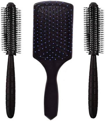 SANDIP Combo of Paddle Hair Brush (1) and Round Hair Brush (2) for Unisex = pack of 3