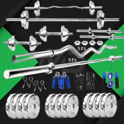 YMD 40 kg Steel Plates (5KGX6, 2.5KGX4) + 5FT Curl & 5FT Straight 28mm Rod Home Gym Combo