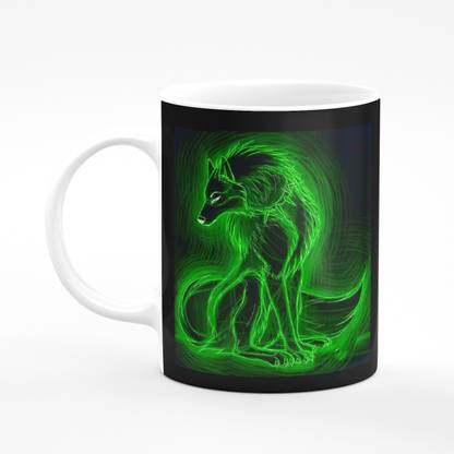 SAHILK GREEN WOLF ON WHITE MUG Ceramic Coffee Mug