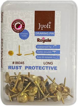 Jyoti Drawing Pin (50 Pieces of Long Size of Golden Finish in a Plastic Box), Steel  Pins