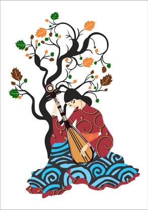 Khatwal Enterprises 64 cm decorative beautiful girl playing sitar under the tree wall sticker Self Adhesive Sticker
