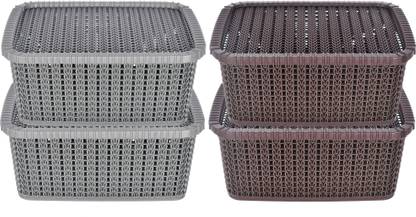 Heart Home Plastic Multipurposes Large M 20 Plastic Basket With Lids- Pack of 4 (Grey & Brown) Storage Basket