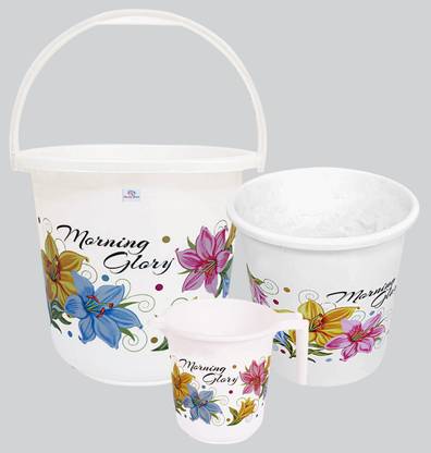 Heart Home Printed 3 Pieces Plastic Bucket, Mug & Dustbin Set (White) 16 L Plastic Bucket