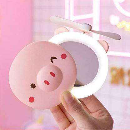 AZACUS Makeup Mirrors Portable Led Cartoon Pig Fill Light Makeup Mirror Fan