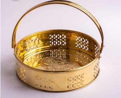 SHRI ANAND Pure Brass traditional design Laxmi Basket Round Shape Basket for pooja essential Diameter (20) Brass Flower Basket