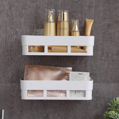 HEYMAK 2pc Bathroom Platic Shower Storage Rack Shelf, Shempu Stand Plastic Wall Shelf