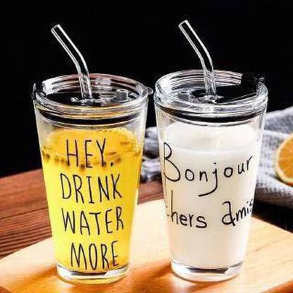 kelvee Random Design, Cartoon Pattern,Creative Multipurpose Drinking Glass Measuring/Cup with Silicone Straw and Glass Lid Drink for Milk,Tea,Coffee,Juice,Thick Shake Cup & (Set of 2) 350 ml Glass Tumbler