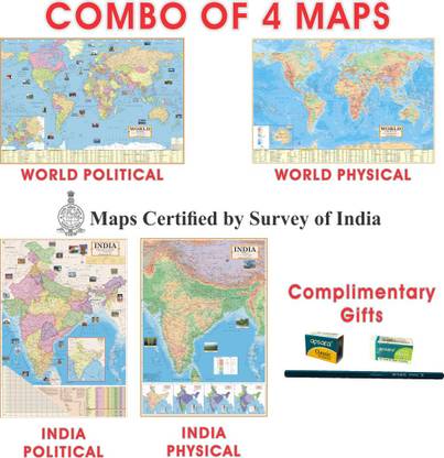 (COMBO OF 4 MAPS AND A PENCIL, SHARPENER & ERASER) India & World Map English (Both Political & Physical)| Set Of 4 Maps | All Map Size (70 * 100 Cm) (40inch * 28inch) Complimentary Pencil, Sharpener & Eraser | Paper Print | Best Useful for UPSC, SSC, IES and other competitive Exams. Paper Print (28 inch X 40 inch). Paper Print