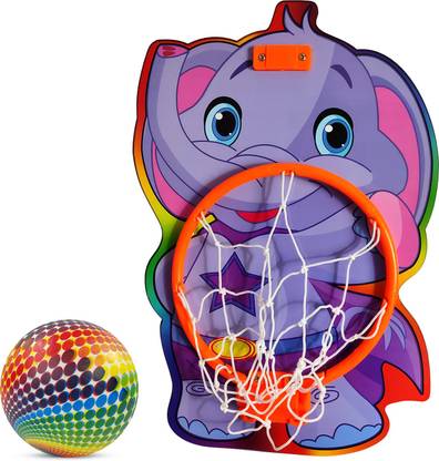 Miss & Chief Hanging Basket Board with Net & Ball, Elephant Print , Indoor and Outdoor Game Basketball