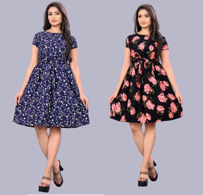 Women A-line Multicolor, Blue Dress