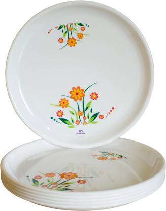Heart Home Flower Printed Set of 6 Round Plastic Dinner Plates Sets (White) Dinner Plate