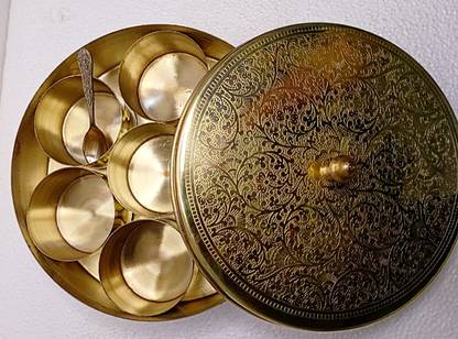 AsmikSK Brass Masala Box | Box With Embossed Spice Box Set with Spoon (7 Containers) Container Serving Set