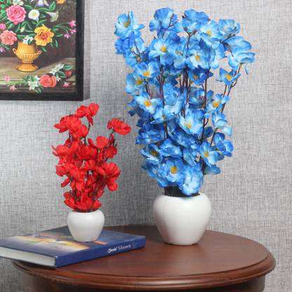 Flipkart Perfect Homes Blue, Red Cherry Blossom Artificial Flower  with Pot