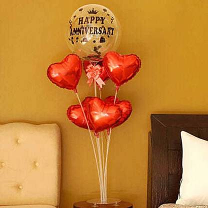 Bash N Splash Solid Happy Anniversary Balloon with heart balloon and stand (Pack of 8) Balloon Bouquet