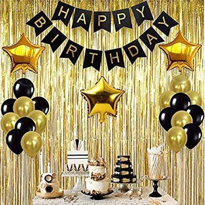 ds Happy Birthday Black Decoration Combo Set With Star Shaped Foil Balloons