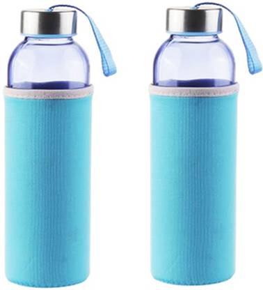minlo Medium Glass Water Bottle with Cover 600 ml Bottle (Pack of 2, Blue, Glass) 600 ml Glass Bottle