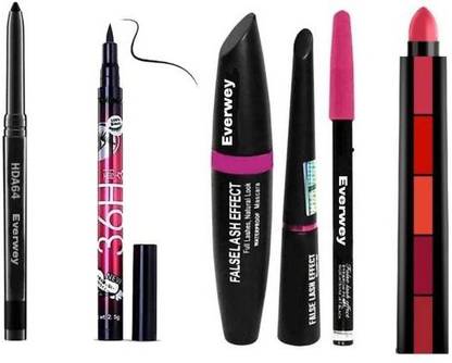 Everwey 5 in 1 Lipstick, Kajal, Waterproof Eyeliner & 3in1 Pencil kajal Eyeliner Mascara