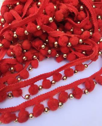 KFLACE LACE-AA38 Red Colour Pom Pom Lace With Beads Moti Handwork Lace Reel