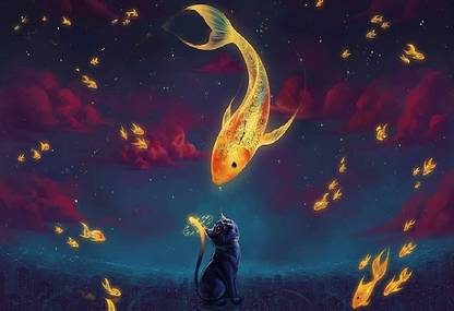 BnZFRbhx cartoon cat goldfish artwork wallpaper Poster Paper Print