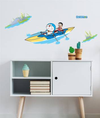 Asian Paints 82 cm Doraemon rowing with Nobita Vinyl Wall Sicker Self Adhesive Sticker