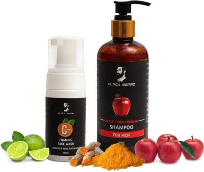 BLACK BEARD Combo Of Apple Cider Vinegar Shampoo & Vitamin C Foaming Brightening Highlighter Skin Face Wash - No Parabens, Sulphate, Silicones