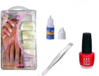 J & F Fake Nails With Glue & Red Nail Paint, Plucker