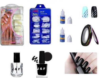 J & F Fake Nails ( 2 Set ) , 2 glue , Top Coat & Black Nail paint ,5 Nail tape