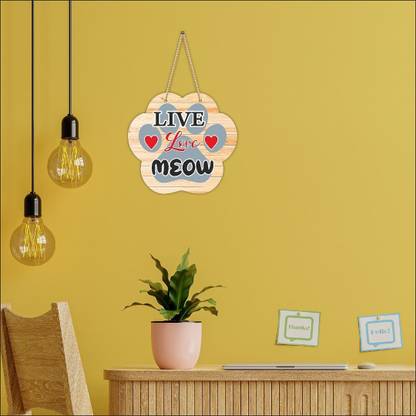 CVANU Sign Live Love Meow Sign MDF Cat Paw Design Wall Hanging