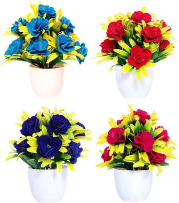 NERAPI Set of 4 Natural Pops of Multicolor SRBP Artificial Rose Flowers for Decoration, Multicolor Rose Artificial Flower  with Pot