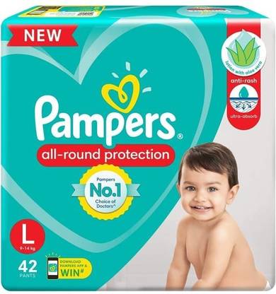 Pampers All Round Protection Diaper Pants For Baby, Large (L) 42 Count With Aloe Vera - L