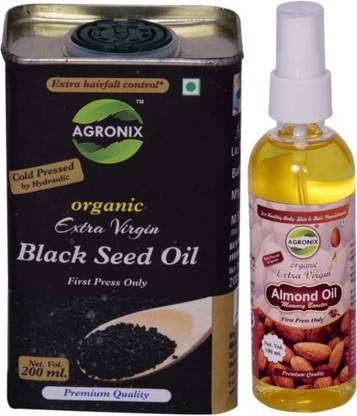 Agronix Pure Cold Press Extra Virgin Combo Black Seed ( 200 ml ) & Almond Oil ( 100 ml ) Almond Oil Tin