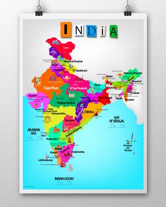 Monuments depicted on a map - cute educational poster for Kids - Size A1 -Ideal for Home and Classroom Paper Print