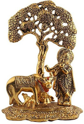 Estatua Lord Krishna Con Kamdhenu En Latón Dorado - 4 Pulgadas, Figura Hindú Decorativa, Ideal Para Pooja O Regalo