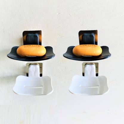 Qrex Soap Saver Soap Holder with Draining Tray with Adhesive Sticker Plastic Wall Shelf