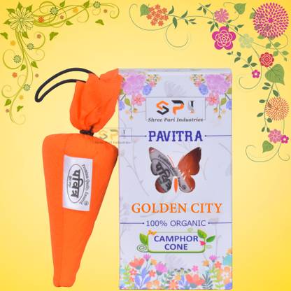 PAVITRA Camphor Cone Golden City Hanging For Car, Home Pack Of 4 Blocks Golden City Camphor Cone Air Freshener Hanging For Car, Home Pack Of 4